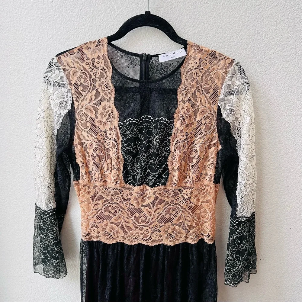 SANDRO PARIS lace overlay tan white black fitted midi dress womens 2 - Picture 5 of 8